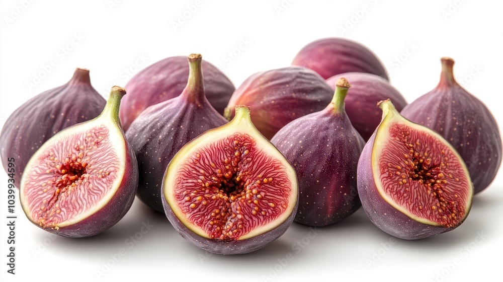 fresh ripe purple figs artfully sliced to reveal their rich interior isolated against a pristine white background capturing the allure of this exotic fruit in detail fresh ripe purple figs artfully sliced to reveal their rich interior isolated against a pristine white background capturing the allure of this exotic fruit in detail