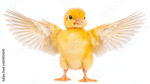 A cute yellow duckling with its wings spread wide, standing on a white background.