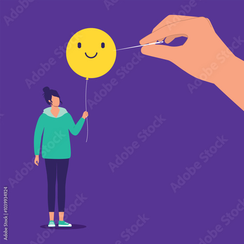 Concept Of Someone Trying To Destroy A Young Woman’s Hope. Young Woman Holding A Smiley Face Balloon While A Person’s Hand With Needle Trying To Pop It.