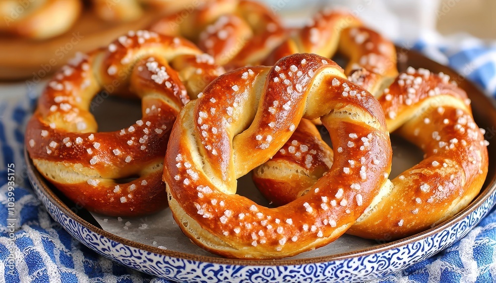 Freshly baked pretzels on a decorative plate, with salt crystals, perfect for a snack or party platter. Freshly baked pretzels on a decorative plate, with salt crystals, perfect for a snack or party platter.