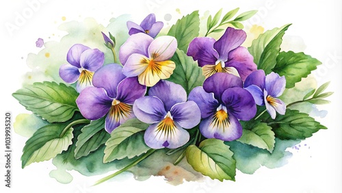 Watercolor illustration of violet flowers with leaves and buds. Bouquet of field violets. watercolor floral roses, bellflower, buds, leaves, branches in pastel pink, grey, blue, violet, purple color 