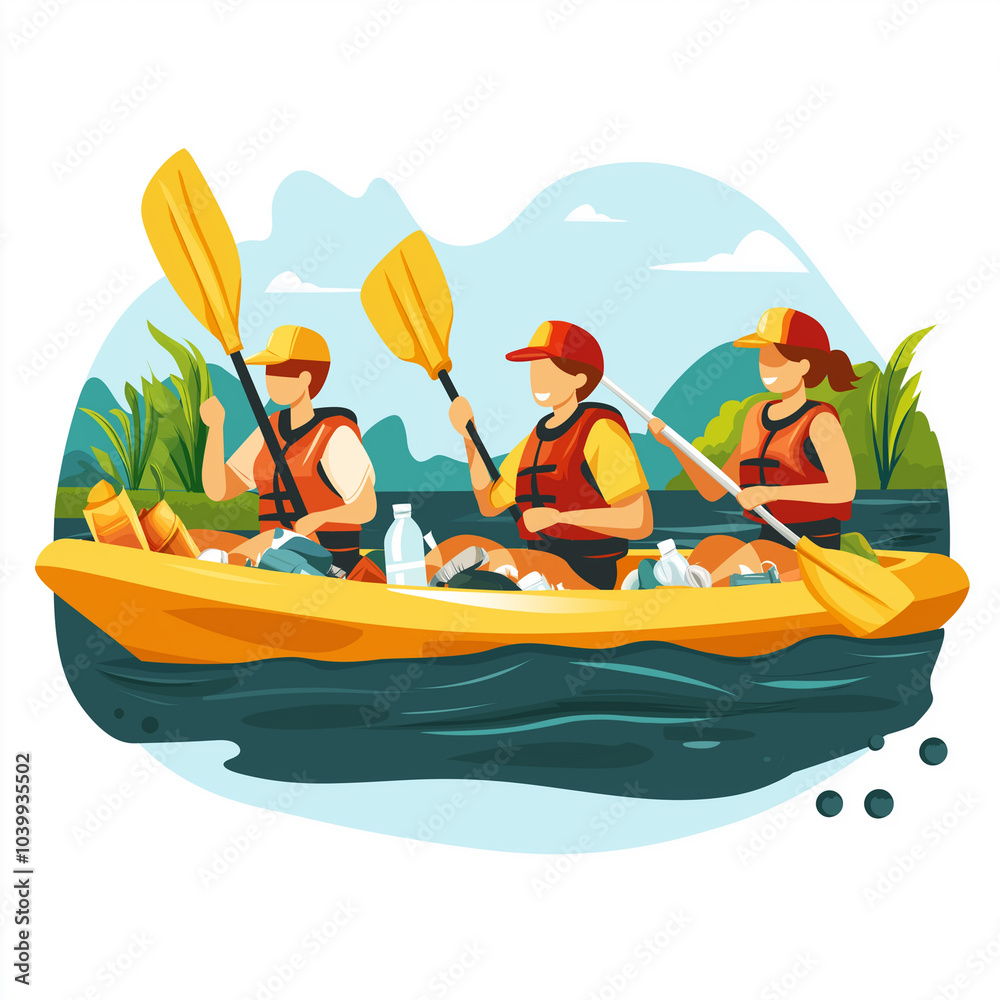 Eco-Friendly Kayaking: Team Collecting Trash on River Eco-Friendly Kayaking: Team Collecting Trash on River