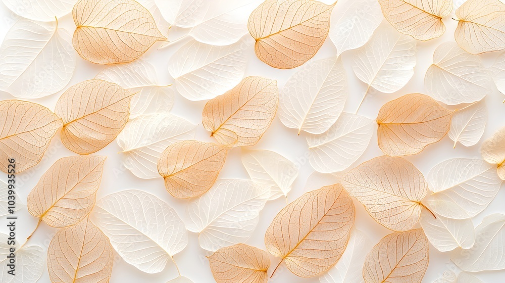 Transparent beige leaves, intricately patterned with veins, overlapping with soft flower petals, creating a neutral-toned, abstract background