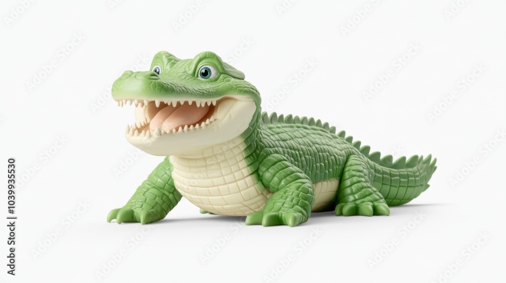 Obraz premium A green and white toy alligator with a big smile, lying on its belly.