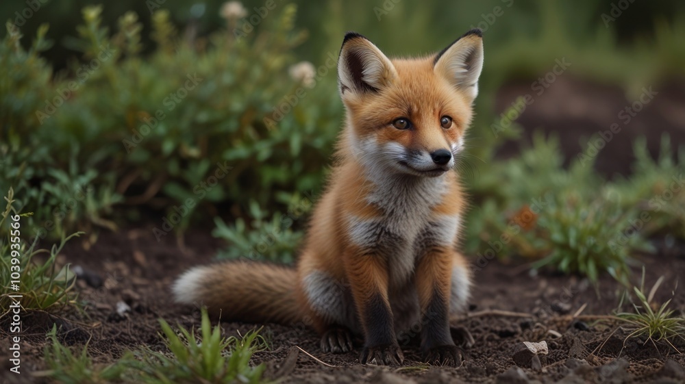A young red fox with a white chest and a bushy tail sits in the forest, looking curiously to the right. A young red fox with a white chest and a bushy tail sits in the forest, looking curiously to the right.