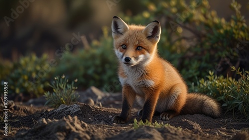 A cute red fox kit sits in a grassy clearing, looking directly at the camera.