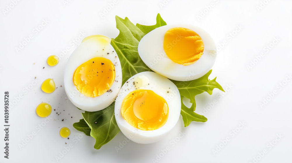 Soft boiled eggs on fresh green lettuce leaves, garnished with black pepper and yolk drips, create delightful and appetizing presentation. Soft boiled eggs on fresh green lettuce leaves, garnished with black pepper and yolk drips, create delightful and appetizing presentation.