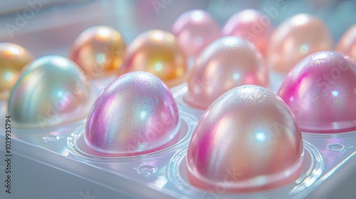 Transparent biodegradable carton design, holographic texture, displaying eggs with eco labels, vibrant colors, Psychedelic, Glossy, High contrast photo