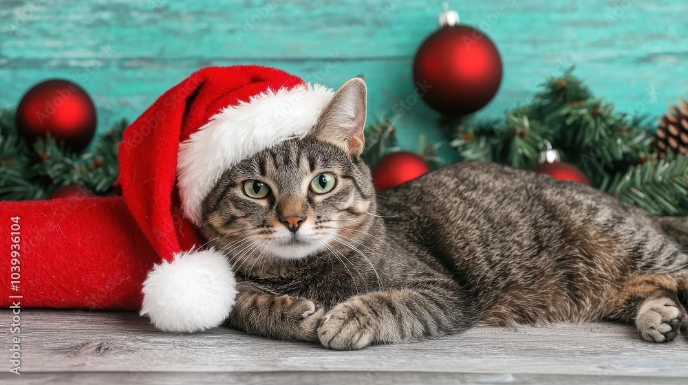 Adorable tabby cat wearing a Santa hat, surrounded by festive decorations on a rustic wooden background. Adorable tabby cat wearing a Santa hat, surrounded by festive decorations on a rustic wooden background.