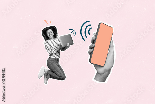 Composite photo collage of happy girl jump laptop transfer data phone wifi connection remote laptop network isolated on painted background photo