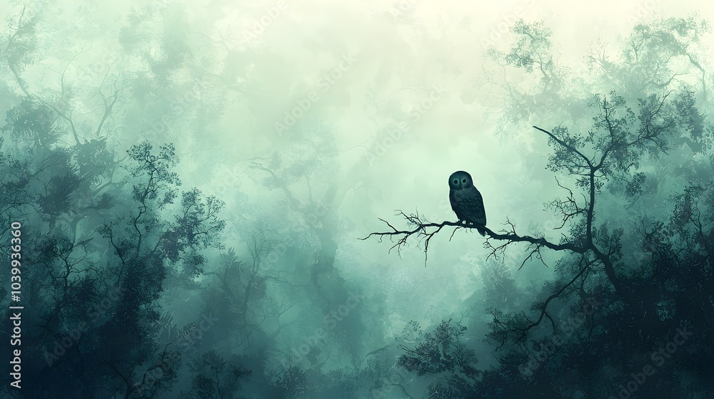 Fototapeta premium Silhouette of an owl on a branch, shrouded in mist, forest fades into a foggy green and blue haze, detailed digital artwork, horizontal format