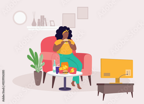 Overweight Black Woman Eating Unhealthy Food While Watching TV. Binge Eating.