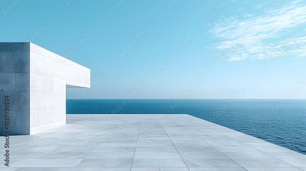 Obraz premium Empty concrete plaza, seamless gray wall, futuristic sea view, hyperrealistic 3D render, blue sky horizon, sharp edges, modern minimalism