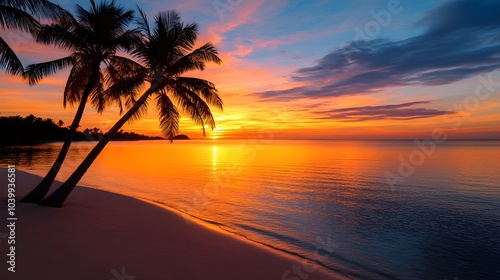 A tranquil tropical sunset with palm tree silhouettes, rich orange and pink sky, soft glow on the horizon blending into calm sea waters