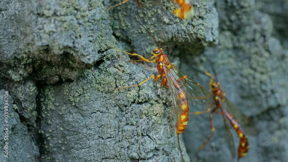 Giant ichneumonid wasp Megarhyssa vagatoria laying eggs in oak tree Giant ichneumonid wasp Megarhyssa vagatoria laying eggs in oak tree