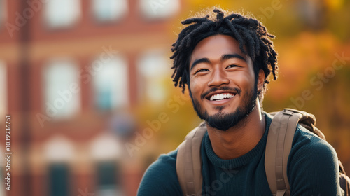 young man with curly hair smiles brightly, showcasing joyful expression against blurred background of autumn foliage. His casual attire and backpack suggest relaxed outdoor setting.