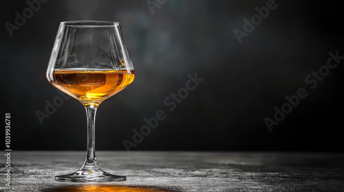 Elegant glass of amber liquid on a sleek table against a dark background