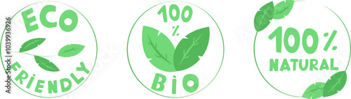 Eco-friendly logos promoting sustainability. Features designs for "100% Bio," "Eco Friendly," and "100% Natural," with green leaves symbolizing environmental consciousness and organic products