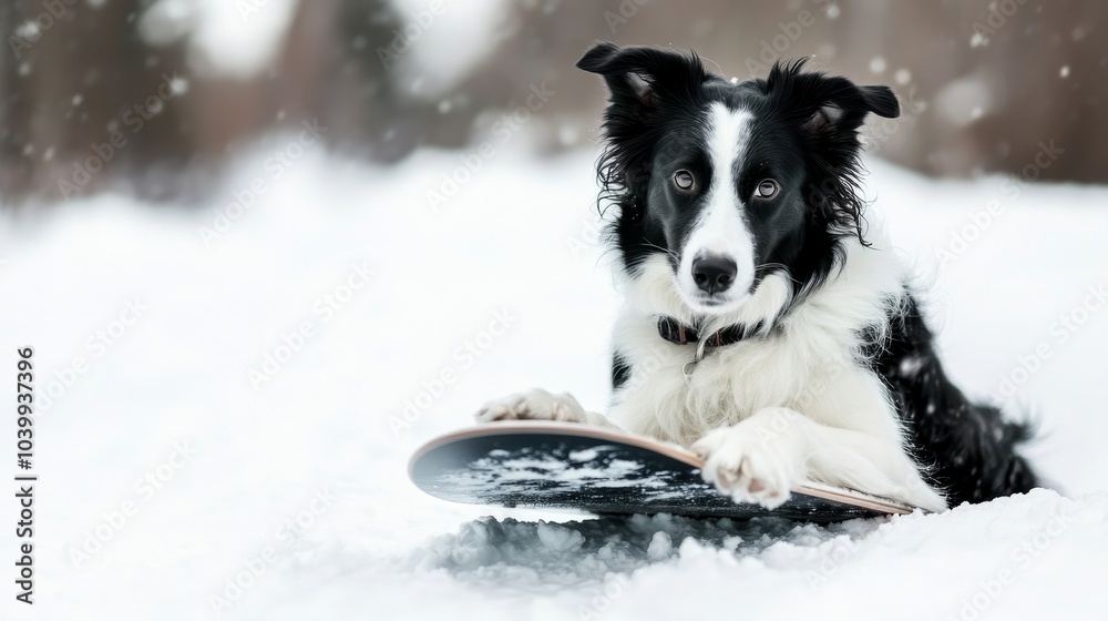 Playful border collie poses with a snowboard in fresh snow, embodying the spirit of winter fun and adventure, showcasing the joy and excitement pets bring to snowy landscapes and winter activities Playful border collie poses with a snowboard in fresh snow, embodying the spirit of winter fun and adventure, showcasing the joy and excitement pets bring to snowy landscapes and winter activities