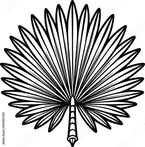 Ornate Palmetto Fan Engraving Black and White Outline, Illustration on White Background.