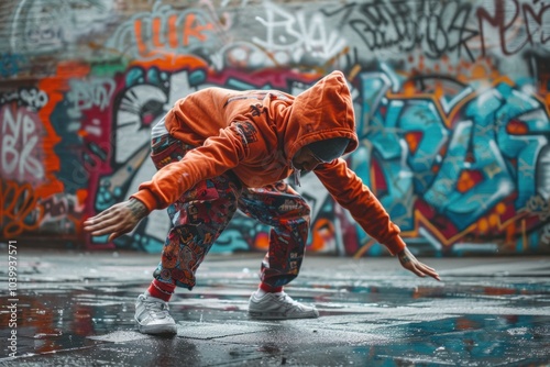 breakdancer dancing in urban interior, city dance floor, against background of graffiti painted walls photo