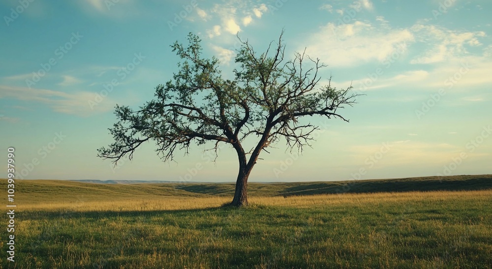 Obraz premium View of a green hill with a tree. Nature with meadows. Lots of greenery, protecting the environment. Reduction of carbon dioxide emissions. Reduction of CO2 emissions. Caring for nature. Earth Day.