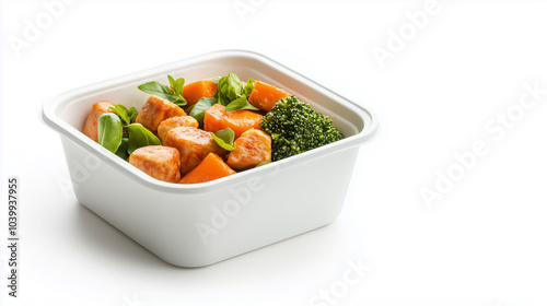 Healthy meal prep container with salmon, broccoli, and sweet potatoes, showcasing vibrant colors and fresh ingredients.