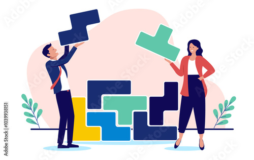 Problem solving in business - Two people working on method for logic systematic puzzle development, using teamwork strategy and coming up with solution. Flat design vector graphic illustration