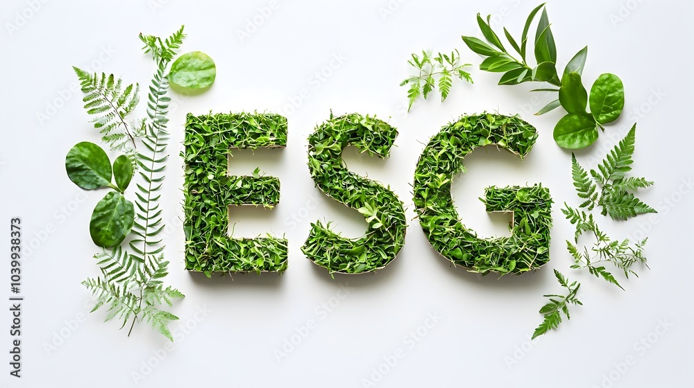 Glossy Eco-Friendly ESG Text with Plant Motifs on White Background Glossy Eco-Friendly ESG Text with Plant Motifs on White Background