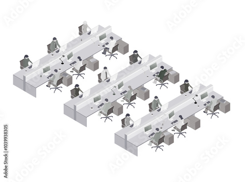 Teamwork, cooperation. Office people Silhouette. Isometric people vector set. Isometric office workspace with people working together. Coworking. Flat vector illustration.