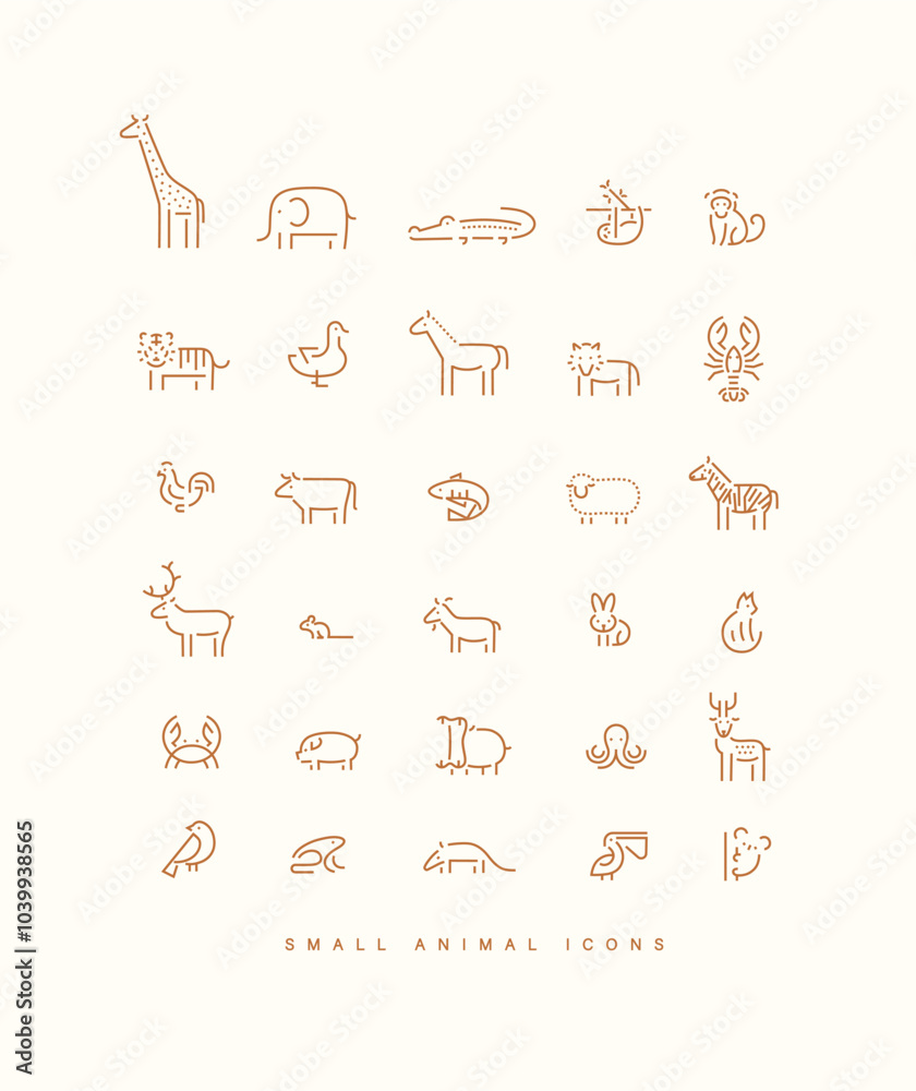 Animals collection giraffe, elephant, crocodile, sloth, tiger, cheetah, bird, horse, lion, lobster, parrot, bull, fish, sheep, zebra, deer, squirrel, goat drawing on beige background