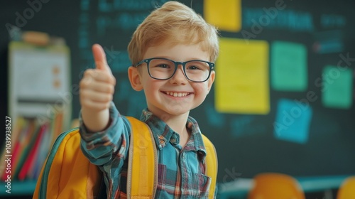 Enthusiastic young student with glasses and backpack gives thumbs up in colorful classroom, surrounded by sticky notes on wall, radiating positivity and eagerness to learn. photo