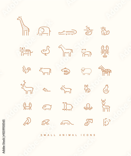 Obraz na płótnie Animals collection giraffe, elephant, crocodile, sloth, tiger, cheetah, bird, horse, lion, lobster, parrot, bull, fish, sheep, zebra, deer, squirrel, goat drawing on beige background w salonie