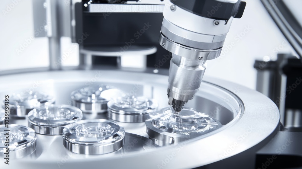 A high-tech robotic assistant handling automated quality inspection of luxury watches in a clean, sophisticated watchmaking facility A high-tech robotic assistant handling automated quality inspection of luxury watches in a clean, sophisticated watchmaking facility