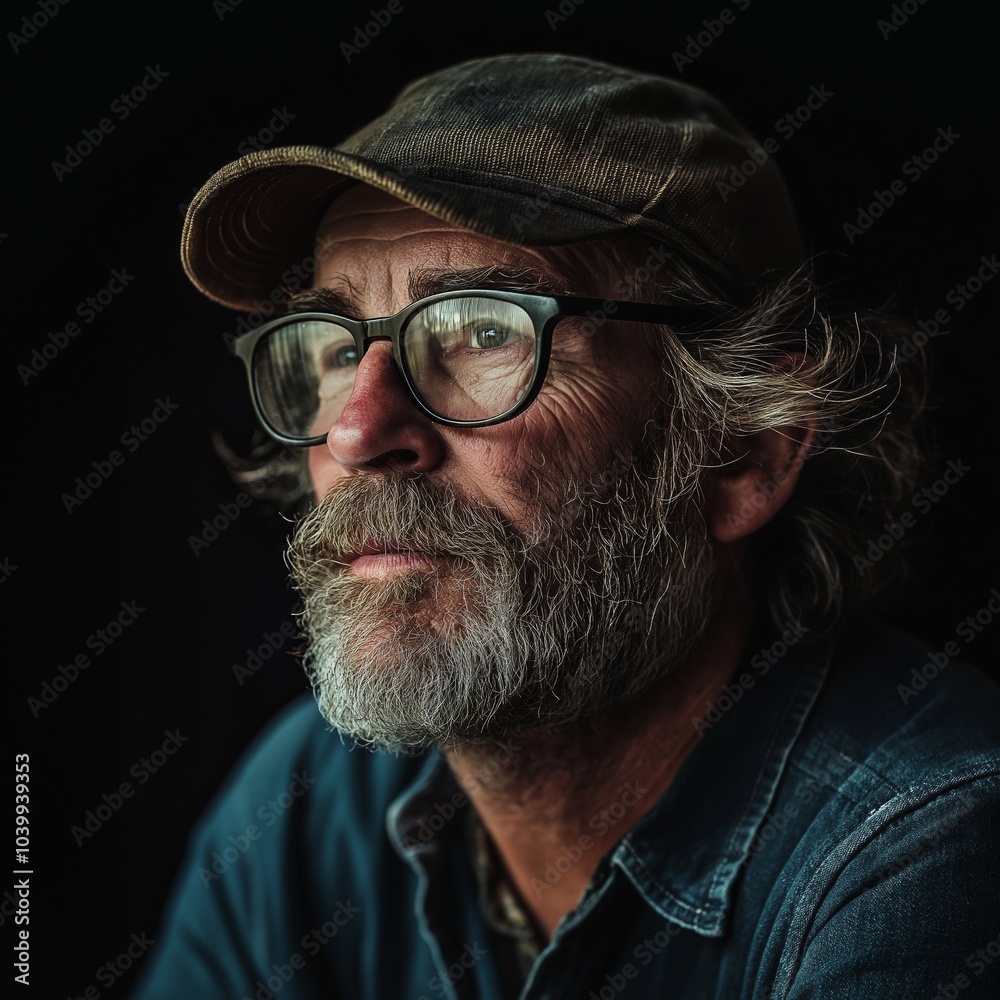 A thoughtful bearded man in glasses and cap against black background. A thoughtful bearded man in glasses and cap against black background.