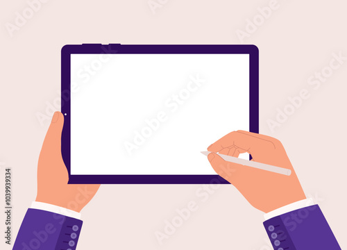 A Businessman’s Hand With Stylus Pen Using A Digital Tablet With Blank Screen.