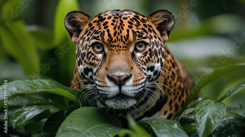 A close-up of a jaguar among lush green foliage.