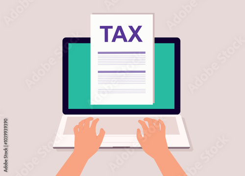 A Person's Hand With Laptop Filing A Tax Return.