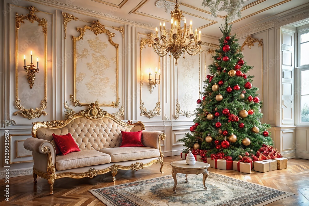 Fototapeta premium Elegant Baroque Christmas Scene with Tall Tree and Luxurious Sofa in Light Room