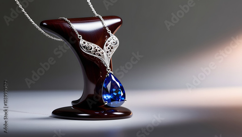 A sapphire necklace with a teardrop-shaped blue sapphire as the pendant, hanging gracefully on a jewelry stand.