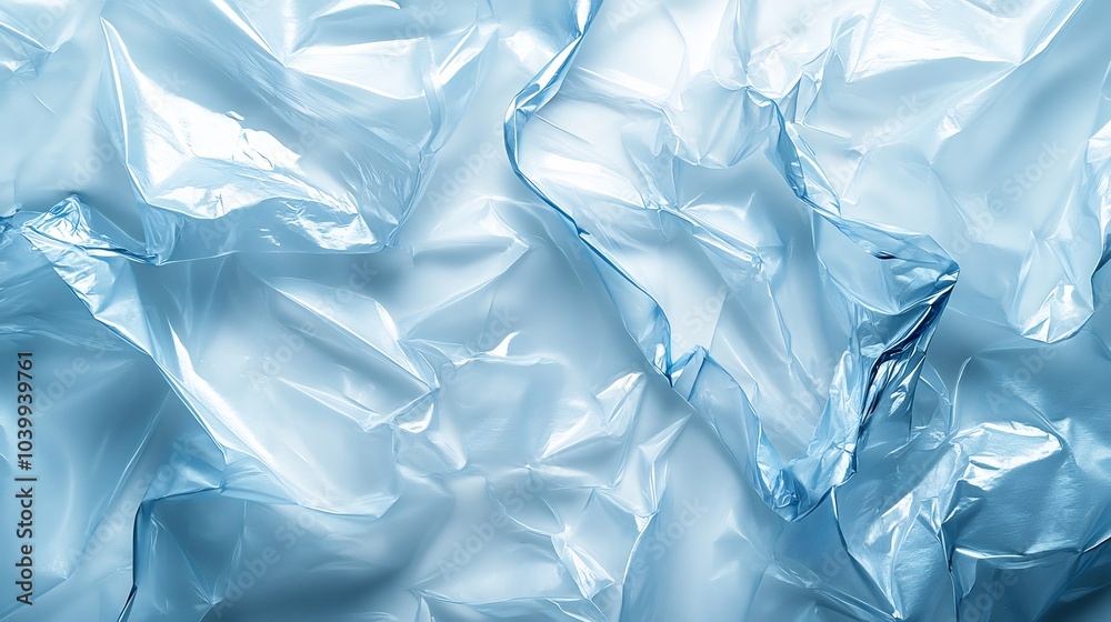 Closeup of white transparent plastic film wrap texture highlighted soft sky blue hues for a delicate yet modern background creating light reflections and subtle creases Closeup of white transparent plastic film wrap texture highlighted soft sky blue hues for a delicate yet modern background creating light reflections and subtle creases