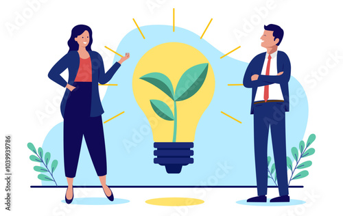 Green environmental innovation in business - Eco friendly smiling businesspeople innovating and coming up with idea for renewable energy for company. Flat design vector graphic illustration 