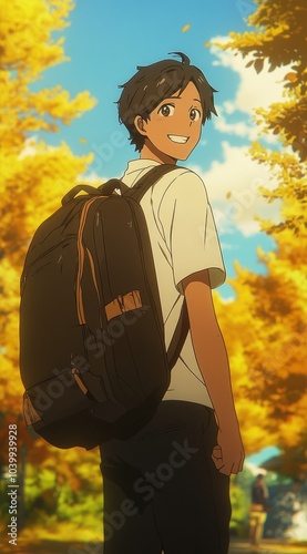 A cheerful young boy in a school uniform stands in an autumn park, smiling back at the viewer.