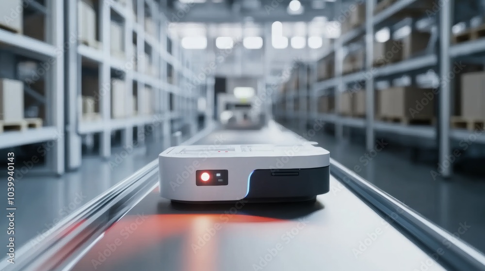 A high-tech robotic assistant managing automated parcel sorting in a clean, high-efficiency logistics center, modern and organized environment with a focus on parcel automation