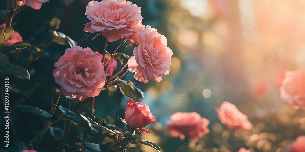 A beautiful garden with pink roses glowing in evening light. A beautiful garden with pink roses glowing in evening light.