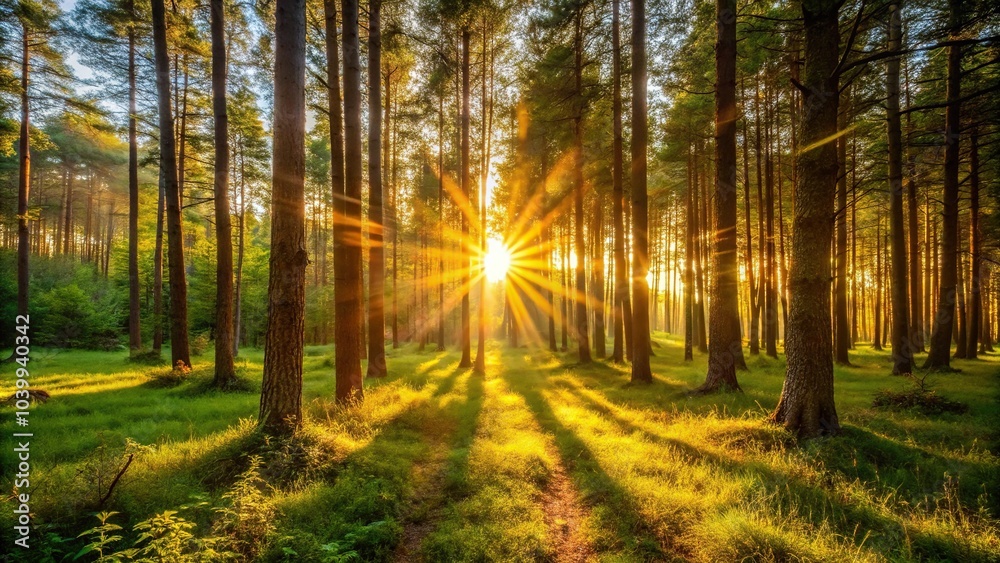 Fototapeta premium Close-Up sun shining through trees in evening forest