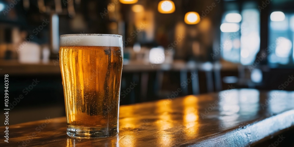 A chilled glass of beer rests on a wooden bar counter, illuminated by soft lighting, creating a relaxed atmosphere. A chilled glass of beer rests on a wooden bar counter, illuminated by soft lighting, creating a relaxed atmosphere.