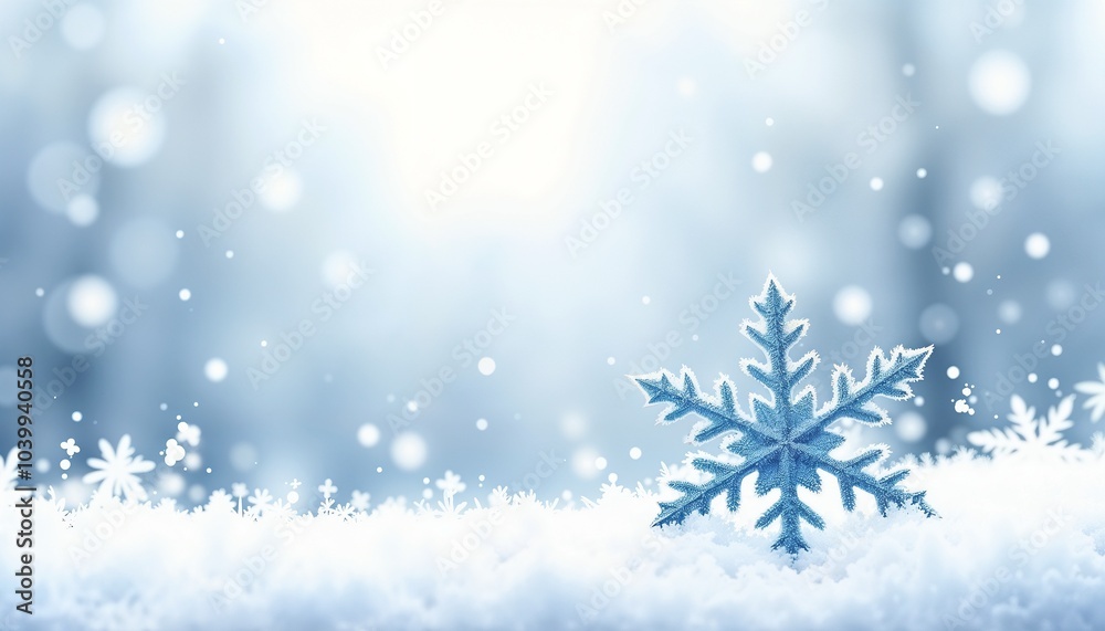 Blue snowflake resting on snow with blurred winter background Blue snowflake resting on snow with blurred winter background