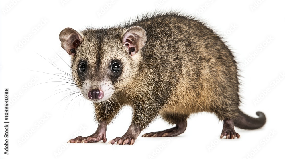 A small brown opossum with white markings on its face stands on a white background. A small brown opossum with white markings on its face stands on a white background.