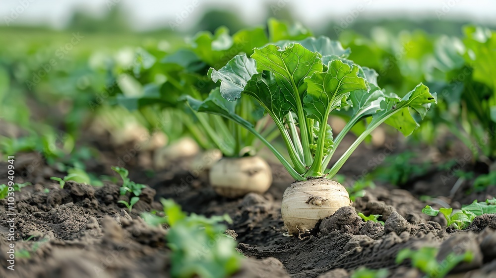 A close-up of a sugar beet root in a field in the lovely morning sunlight with enough of room for using as a textural backdrop, Generative AI. A close-up of a sugar beet root in a field in the lovely morning sunlight with enough of room for using as a textural backdrop, Generative AI.